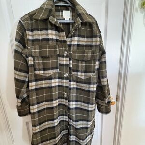 H&M Olive Plaid Button-Front Long Trench Coat